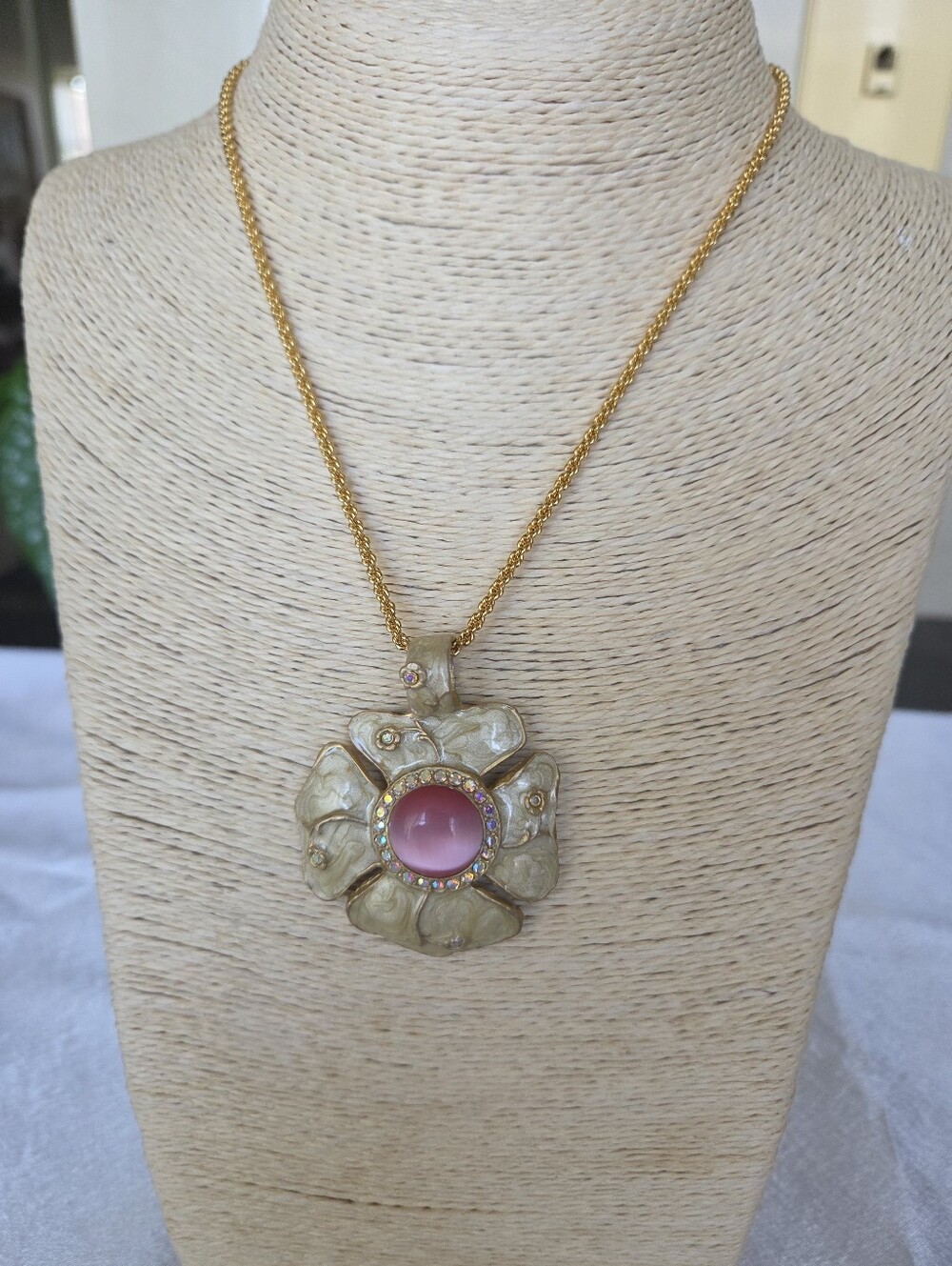 Gold-Tone Flower Pendant Necklace with Crustals Pink Center